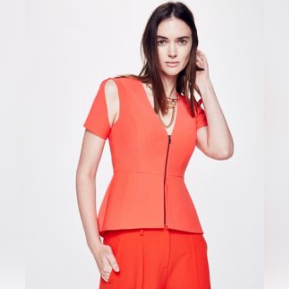 BCBGMaxAzria Red Short Sleeve Zip Front Blouse